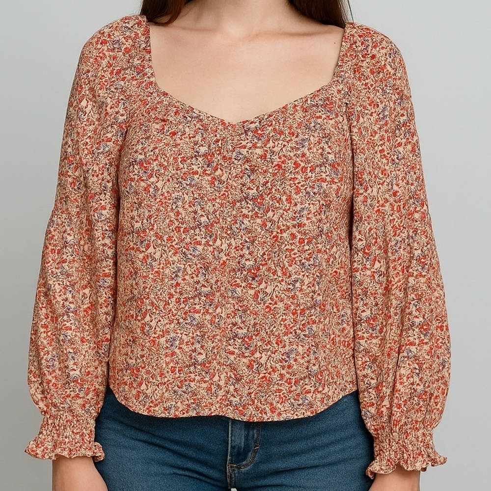 Universal Thread Orange Red Long Sleeve Relaxed Square Neck Blouse Top